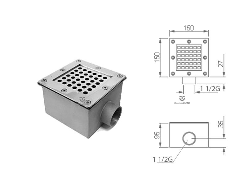 Донный слив FC квадратный 150x150 (1 1/2", Плёнка)